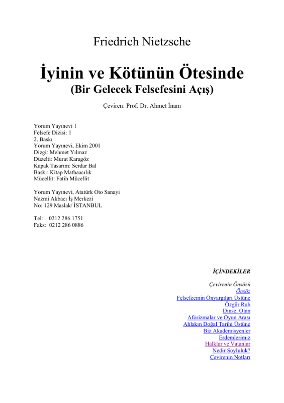 Nietzsche İyinin Ve Kötünün Ötesinde