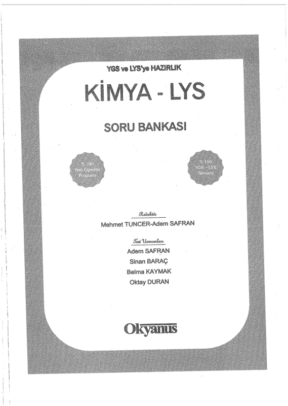 Okyanus Yayınları LYS Kimya Soru Bankası B Serisi