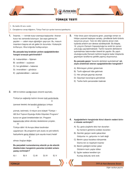 Özdebir TYT Genel Deneme 2020 Sanal PDF Tavsiye