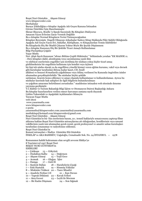 Reşat Nuri Güntekin Akşam Güneşi