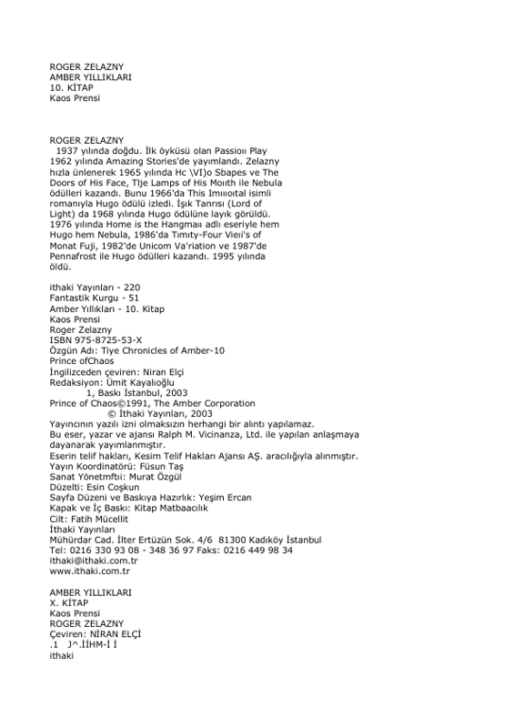 Roger Zelazny - Amber Yıllıkları 10. Cilt: Kaos Prensi