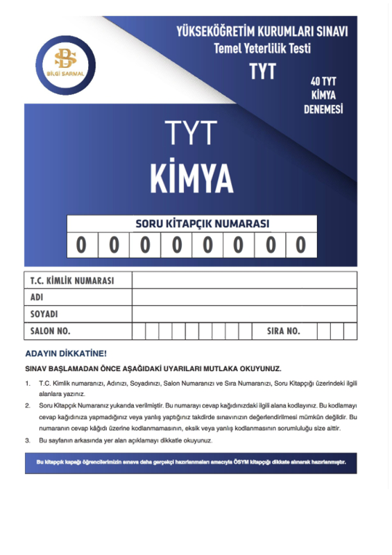 TYT Kimya Bilgisarımalı Yayınları Branş Denemesi