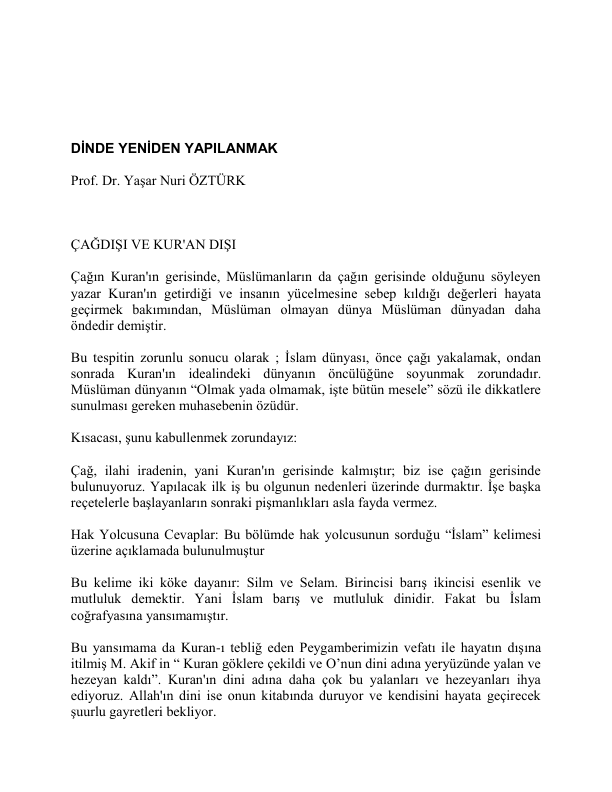 Yasar Nuri Öztürk Dinde Yeniden Yapılanmak